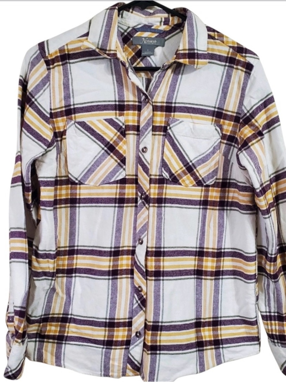 Natural Yellow Maroon Long Sleeve Button Down Flannel womens Small   Good pre ow